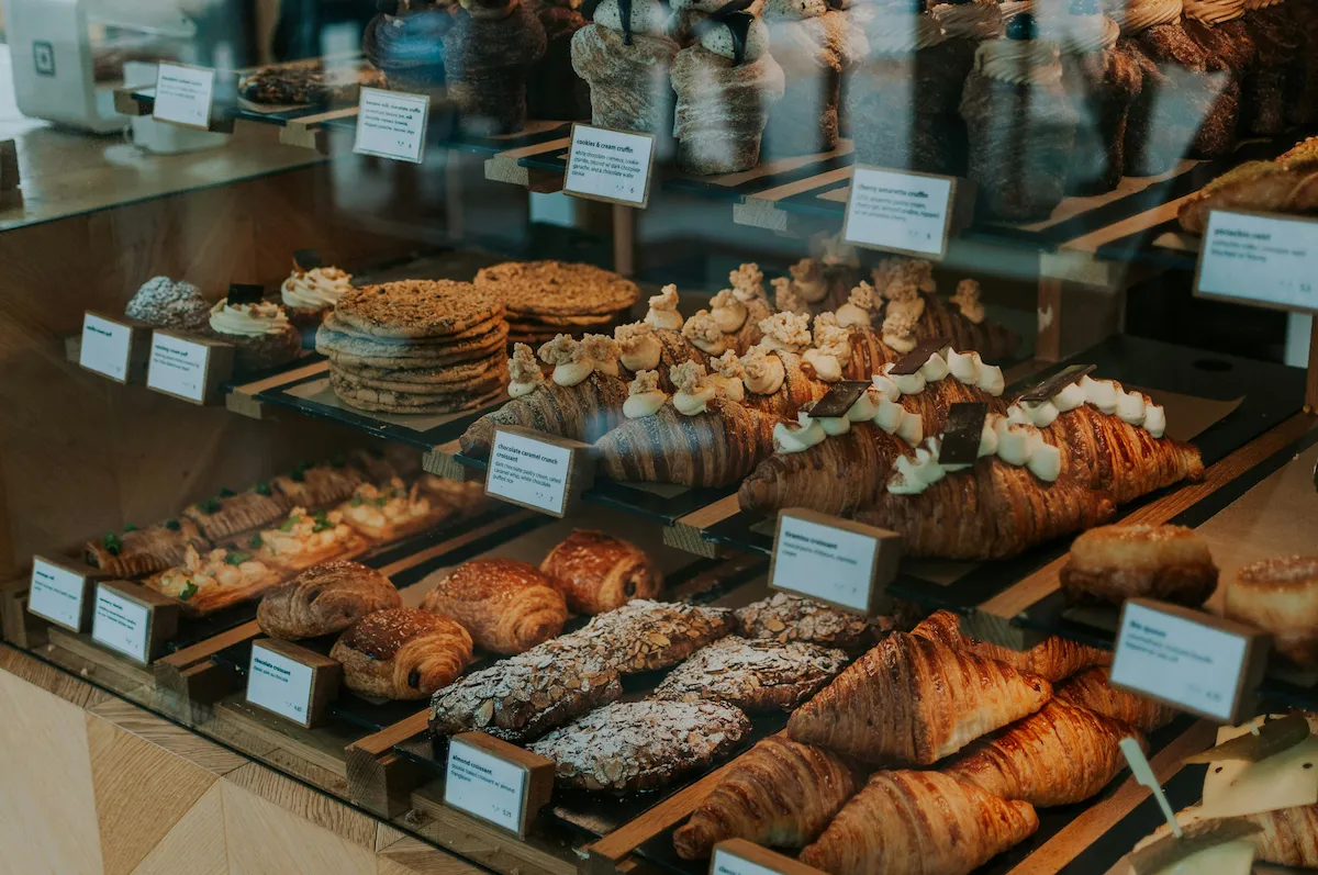 Fresh pastries displayed in the bakery case.
